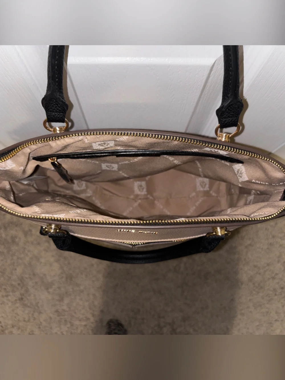 Anne Klein Beige Pebbled Satchel with Black Trim